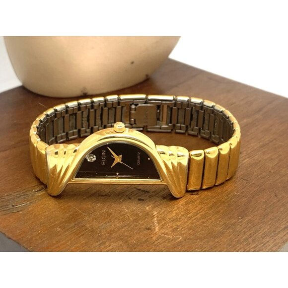 Elgin Women's Watch Vintage Half Moon Diamond Quartz Black Dial Gold Steel - Picture 7 of 14